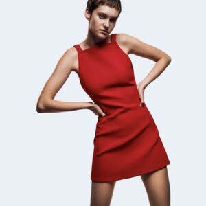 Zara Red A Line Mini Dress L Open Back Square Neck Sleeveless NWT